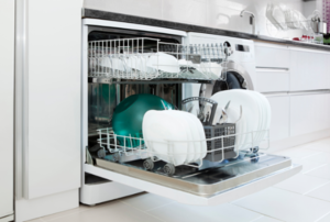 Open dishwasher full of dishes
