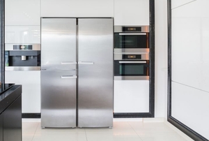 A stainless steel fridge.