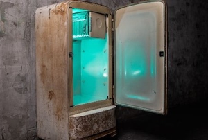 broken old refrigerator with light inside