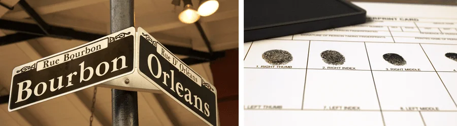 A famous New Orleans road sign along a set of police fingerprints.