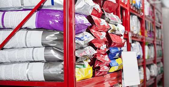Image of pet food on a store shelf.