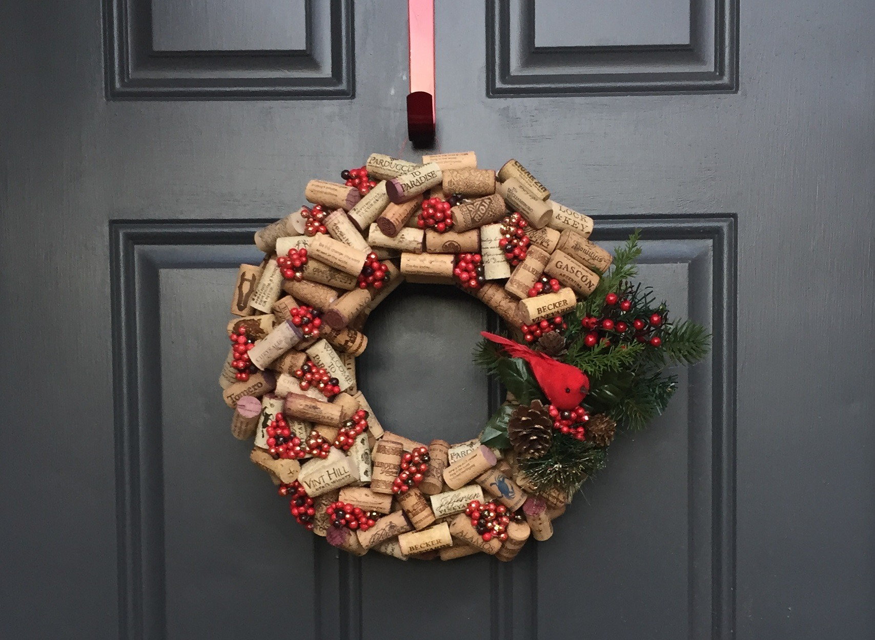 holiday wreath with wine corks