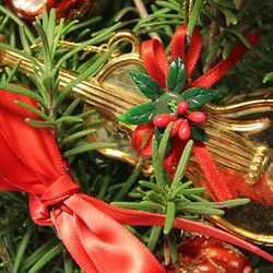 Live rosemary plant with seasonal decorations