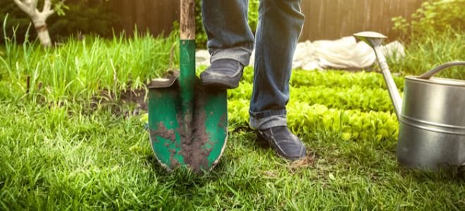 feet with boots using shovel in lawn