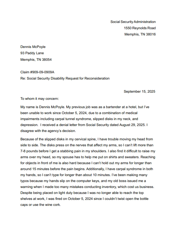 A sample appeal letter for Social Security disability benefits