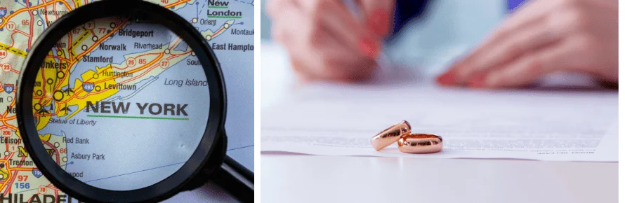 Prenuptial Agreements in New York Map of New York next to a photograph of a woman signing a prenuptial agreement with wedding rings sitting on it