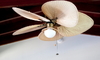 A tropical looking ceiling fan. 