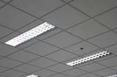 A pair of fluorescent lights in a tiled ceiling.