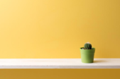 a small cactus sitting on a white shelf that is mounted to a  yellow wall