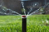 A sprinkler head spraying water out over a green lawn.