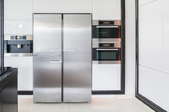 A stainless steel fridge. 