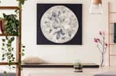 minimalist zen interior design with plants on shelf and moon art piece