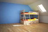kids bunk beds in an otherwise empty room with a blue wall and wood floor