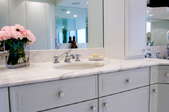 grey bath cabinet vanity with white countertop