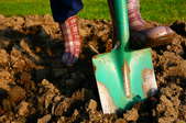 Turning clay soil with a green spade.