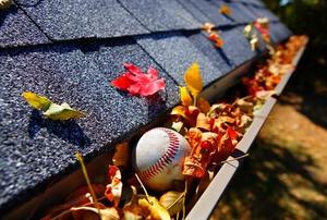 A gutter full of colorful, fall leaves and a baseball.