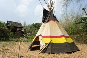 A teepee in someone's backyard.