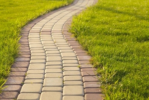 A brick path surrounded by grass.