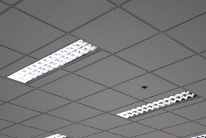A pair of fluorescent lights in a tiled ceiling.