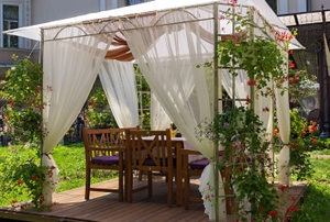 White pergola with curtains, growing plants and a table.