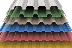 roofing samples in white, green, tan, blue, red, and yellow