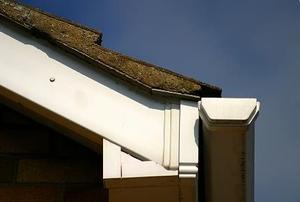The corner of a roof, with soffit and gutter in plain view.