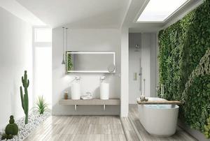 a bathroom with a green wall on the right