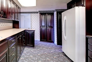kitchen with outdated carpeting