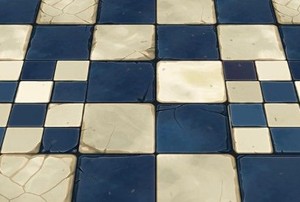 cracked blue and white tiles