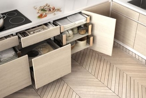 kitchen cabinets with pull-out shelves above wood floor