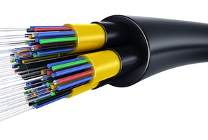 Fiber optic audio cables on a white background.