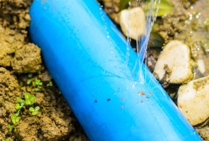 A cracked, leaking blue water pipe.