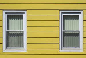 Yellow aluminum siding with two windows.