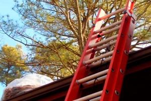 A red ladder propped up against a brown gutter with a bag of leaves on top of the roof.
