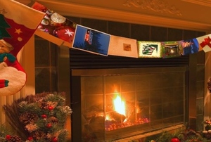 A fireplace with glass doors.