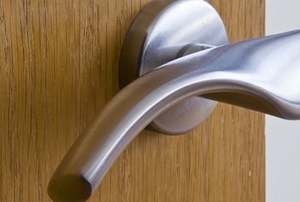 silver lever doorknob on wooden door