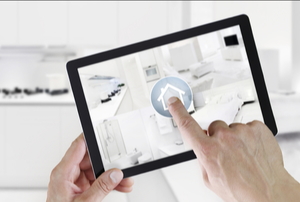 home automation app on a tablet in a modern kitchen