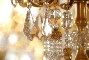 golden and crystal chandelier up close