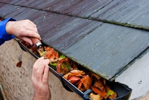 Clearing autumn leaves by hand from the gutter with a trowel.