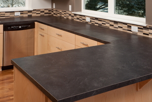 A dull gray patterned kitchen countertop.