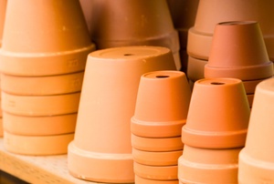 Stacked ceramic flowerpots.