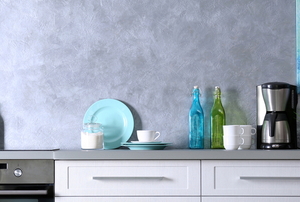 gray wall with texture in kitchen with blue design elements