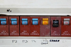 A circuit breaker with one switch flipped to the off position.