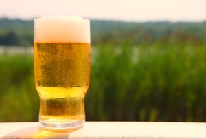 A cold glass of beer stands overlooking a green field.