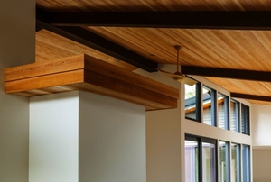Dark beams on a lighter wooden ceiling.