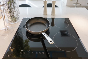A stove with a pan on it.