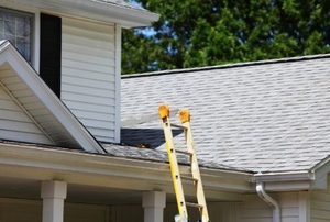 An aluminum ladder leaning against the roof-line of a white house.