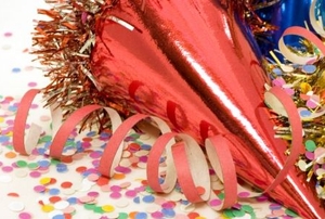 Party hats, streamers, and confetti.
