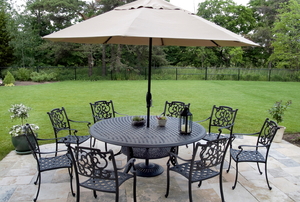 Black patio table set with umbrella