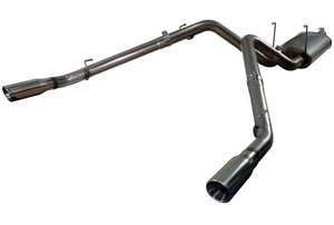 A Dodge Ram dual pipe exhaust system.